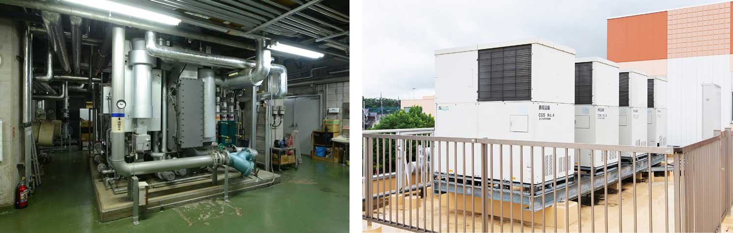 左が園内施設の空調を行なう吸収式冷凍機、右が屋上に設置された発電設備 | Make New Magazine「未来の定番」をつくるために、パナソニックのリアルな姿を伝えるメディア